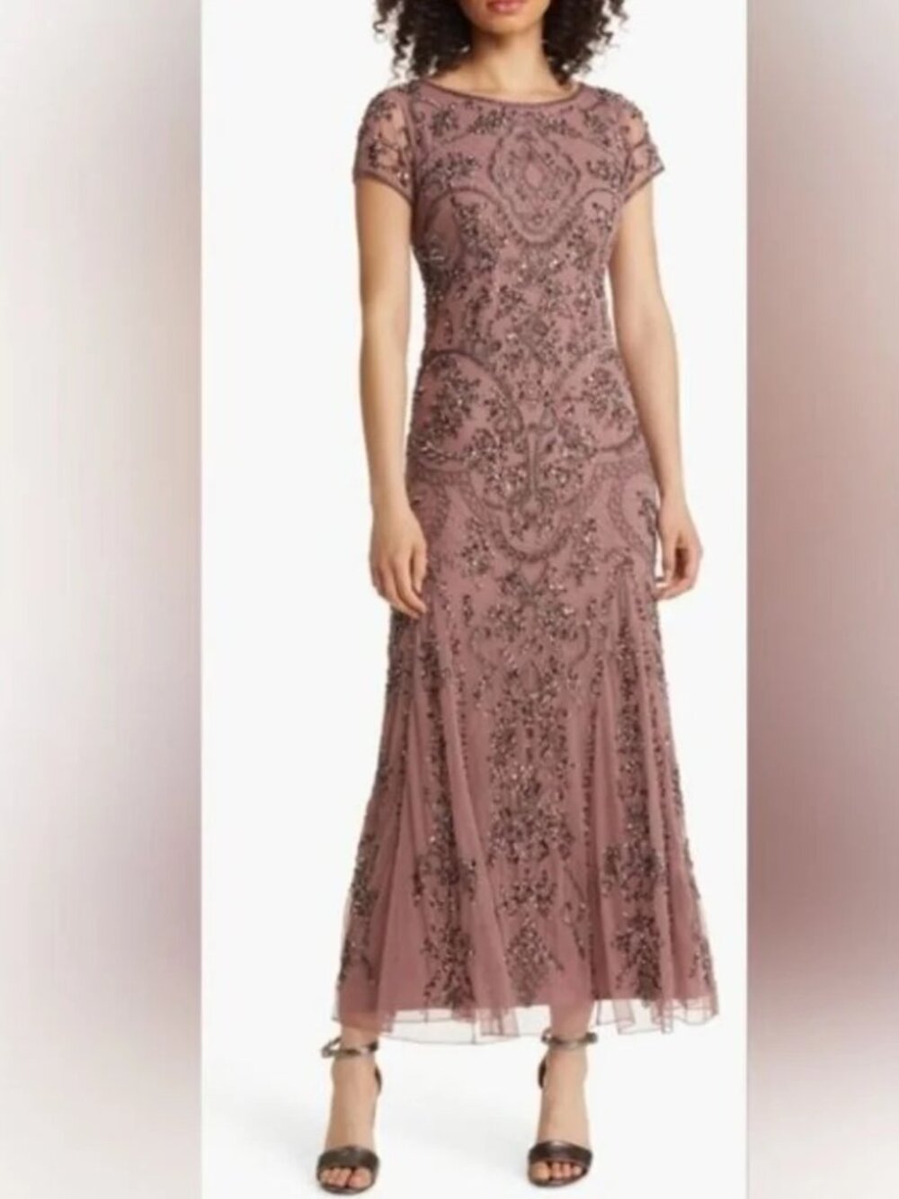 Pisarro Nights Mauve Beaded Cap-Sleeve Evening Gown